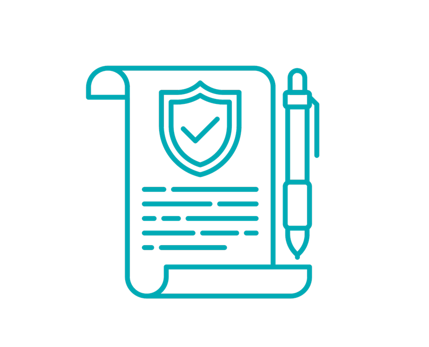 A tirquoise icon consisting of a paper sheet and a pen representing student reviews and testimonials